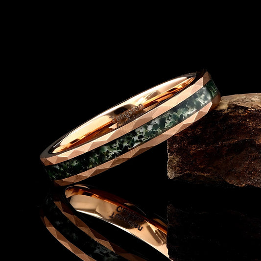 Moss Agate Hammered Rose Gold Women's Tungsten Wedding Ring - 4mm