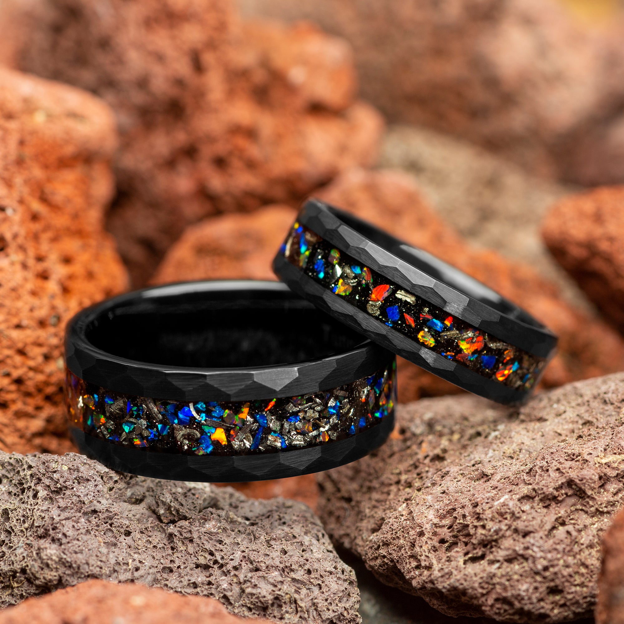 Galaxy Opal Meteorite Black Hammered Couple Tungsten Wedding