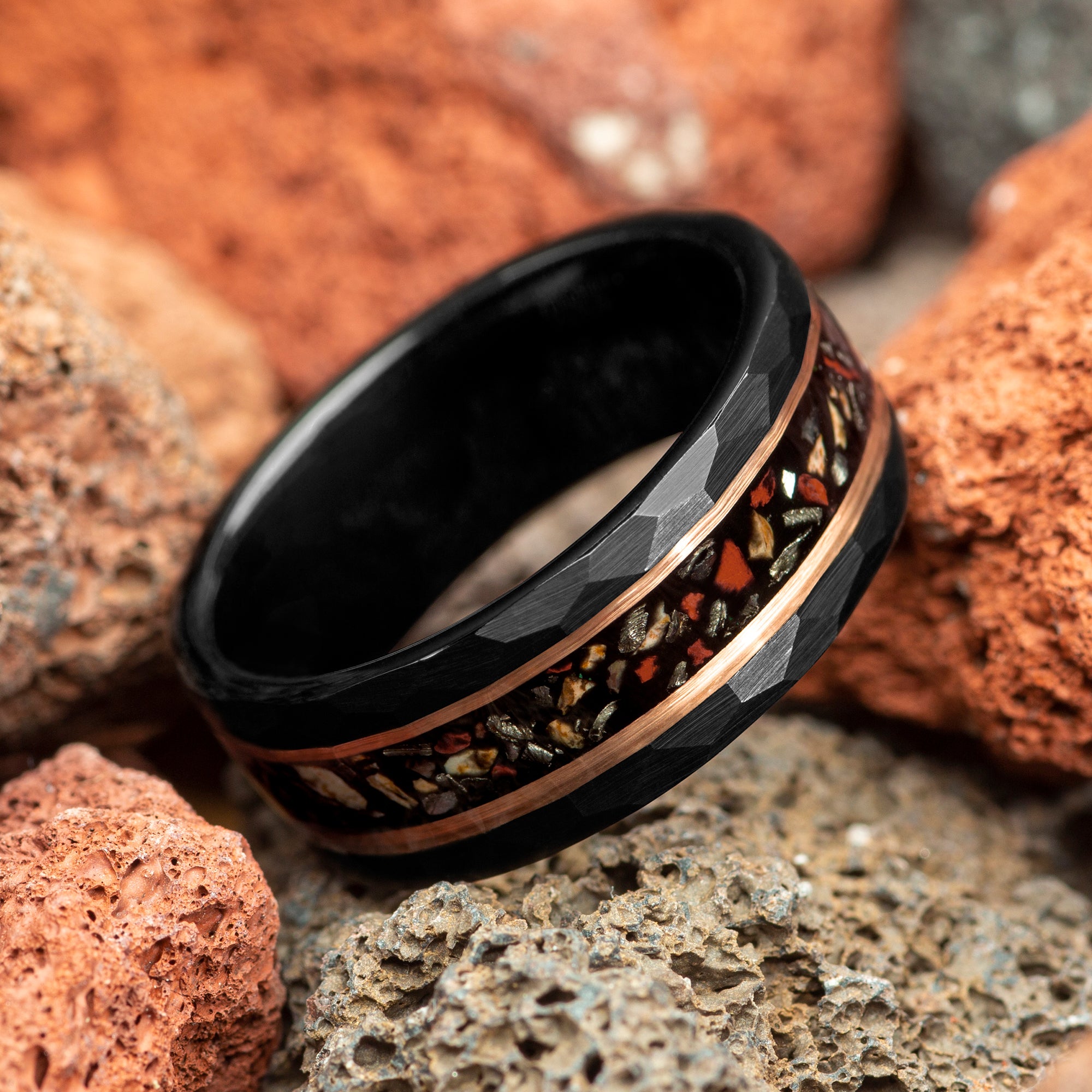 Dinosaur Bone Meteorite Hammered Black Men's Tungsten Wedding Ring C