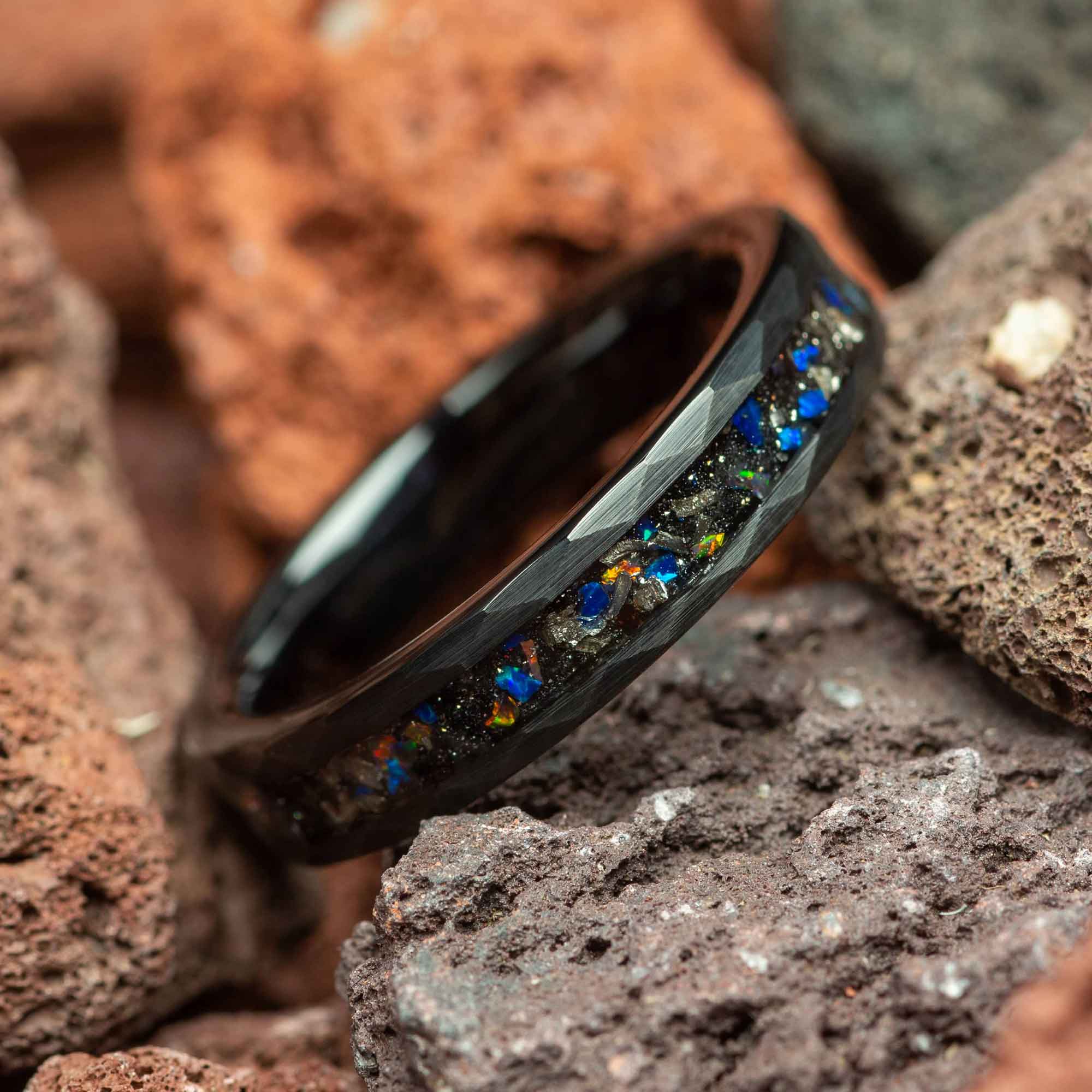 Meteorite Galaxy Opal Hammered Black Tungsten Womens Ring 4mm