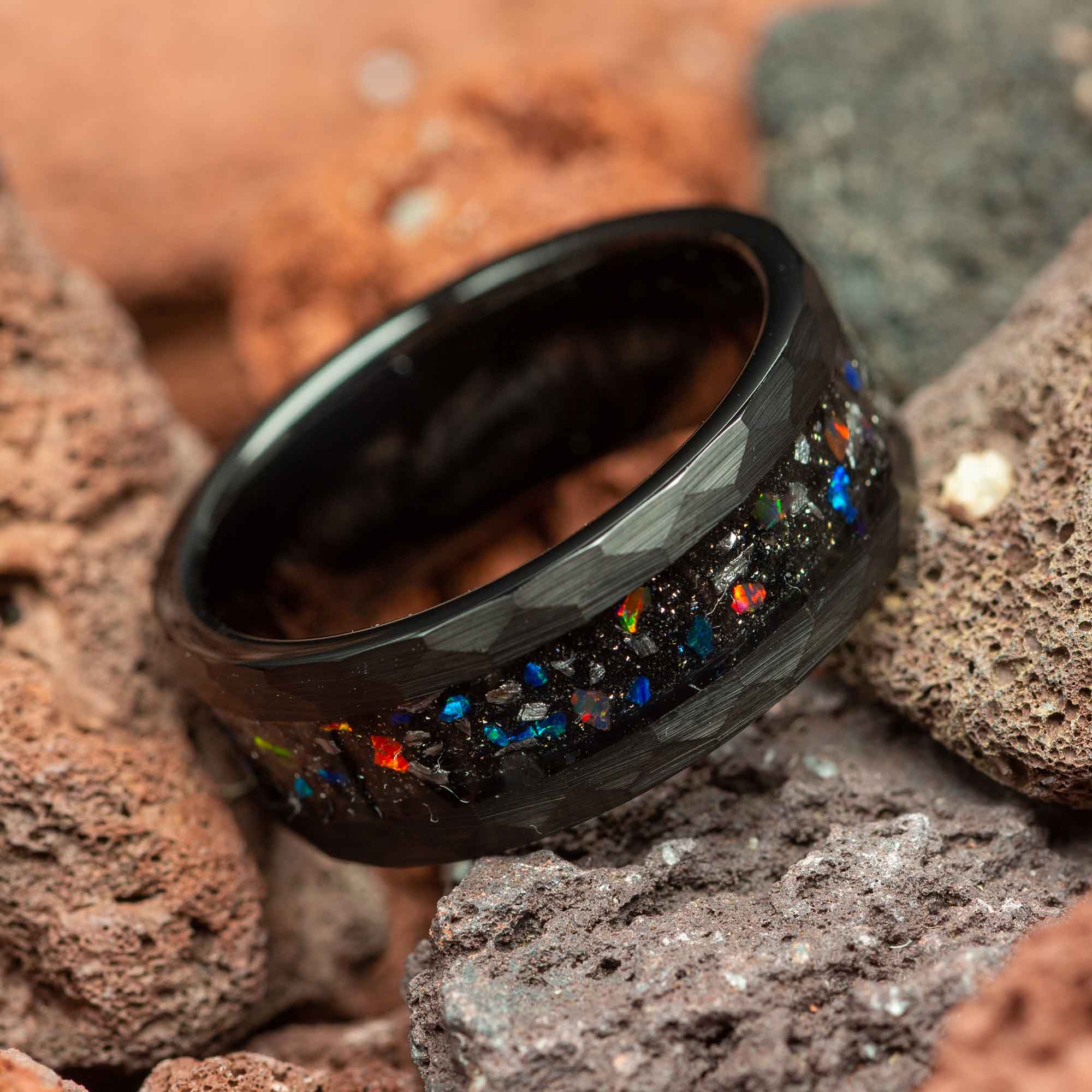 Meteorite Galaxy Opal Hammered Men's Black Tungsten Ring 8mm
