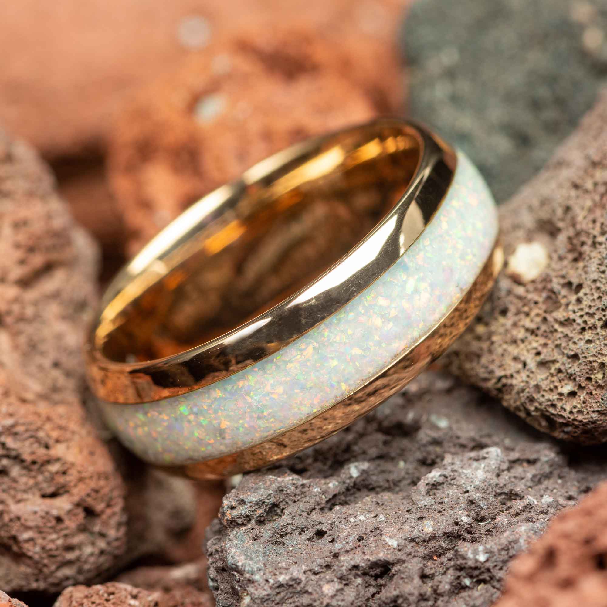 White Fire Opal Rose Gold Men's Tungsten Ring 8mm – Pryor Bands
