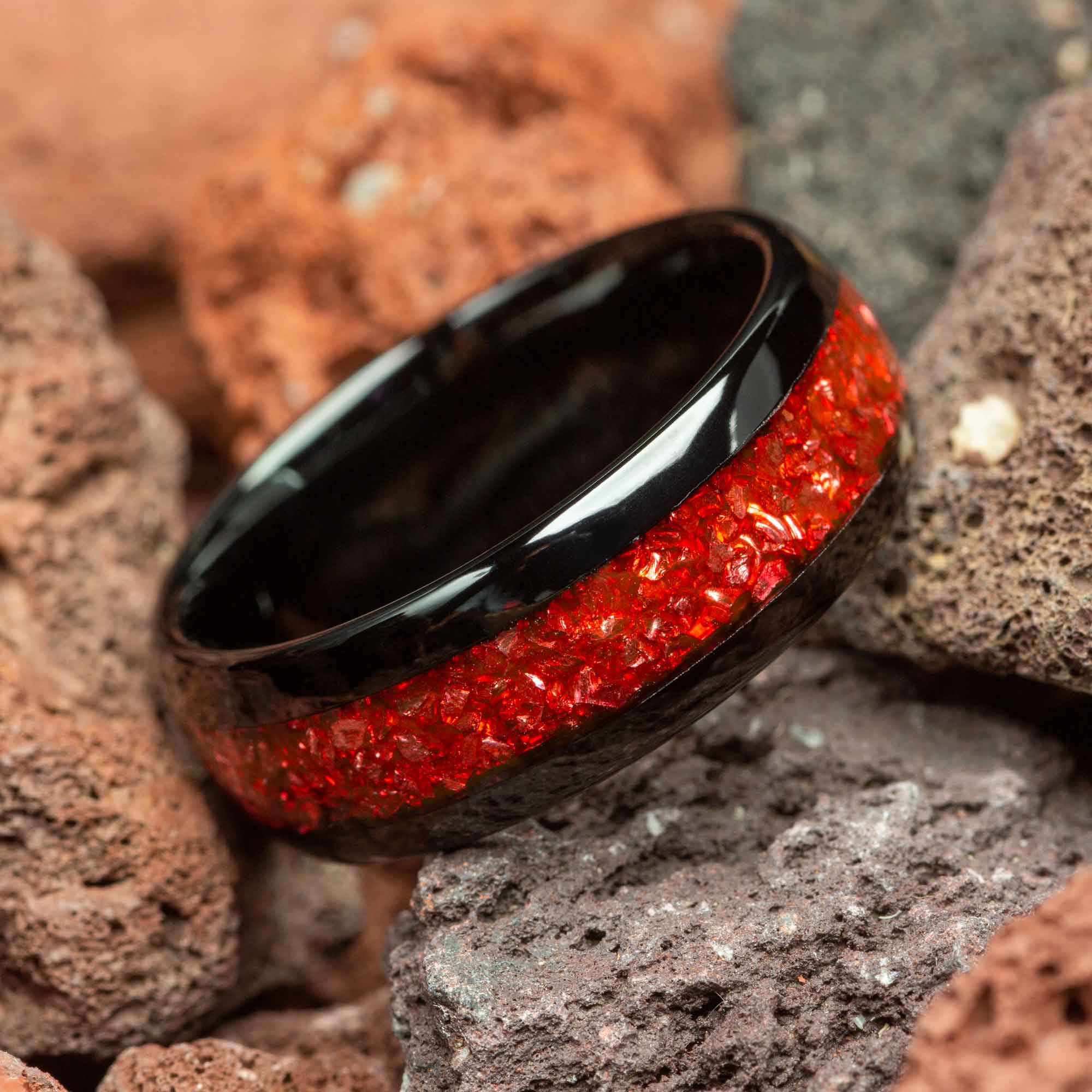 Crushed Red German Glass Stone Black Tungsten Men's Wedding Ring Comfo
