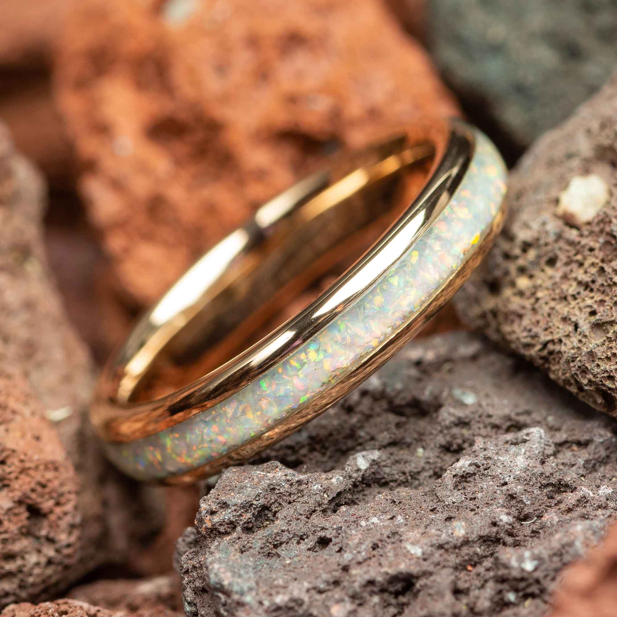 White Fire Opal Rose Gold Tungsten Women's Ring 4mm – Pryor Bands