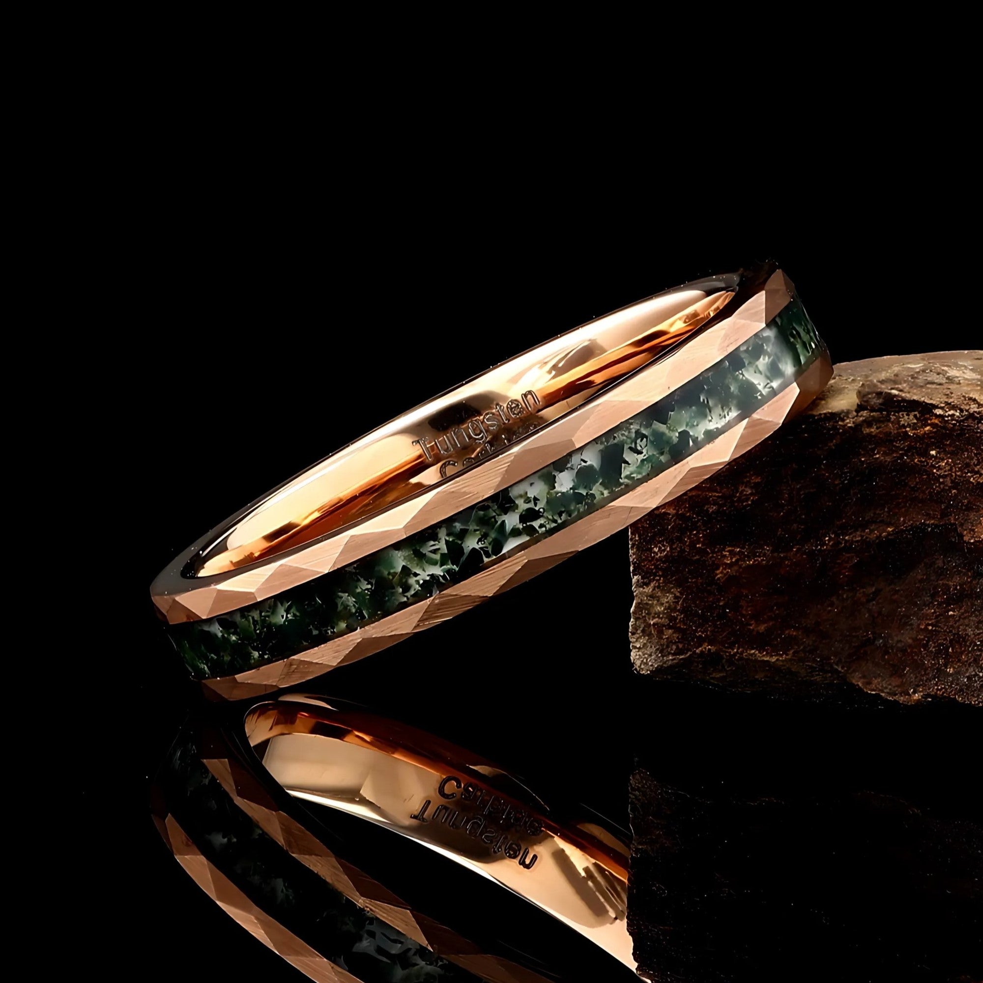 Moss Agate Hammered Rose Gold Women's Tungsten Wedding Ring - 4mm