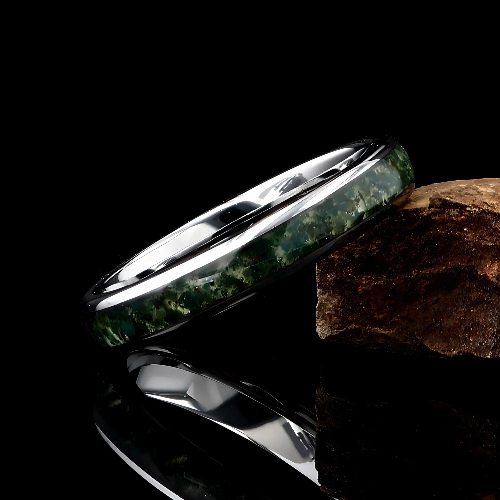 Moss Agate Women's Silver Tungsten Wedding Ring - 4mm