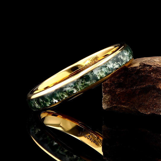 Moss Agate Women's Yellow Gold Tungsten Wedding Ring - 4mm