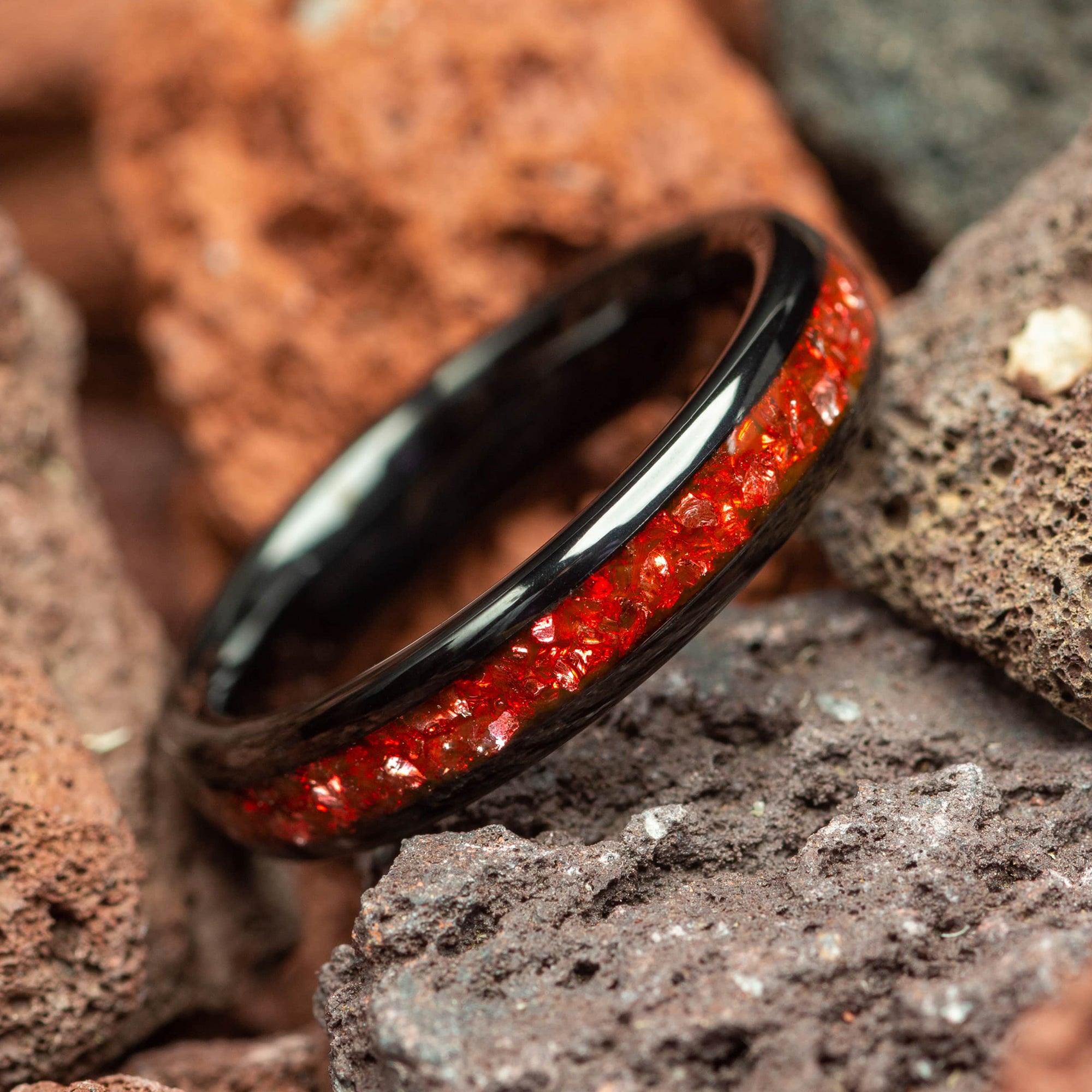 Crushed Red German Glass Stone Black Tungsten Couple's Wedding Rings Comfort Fit - 4mm | 8mm