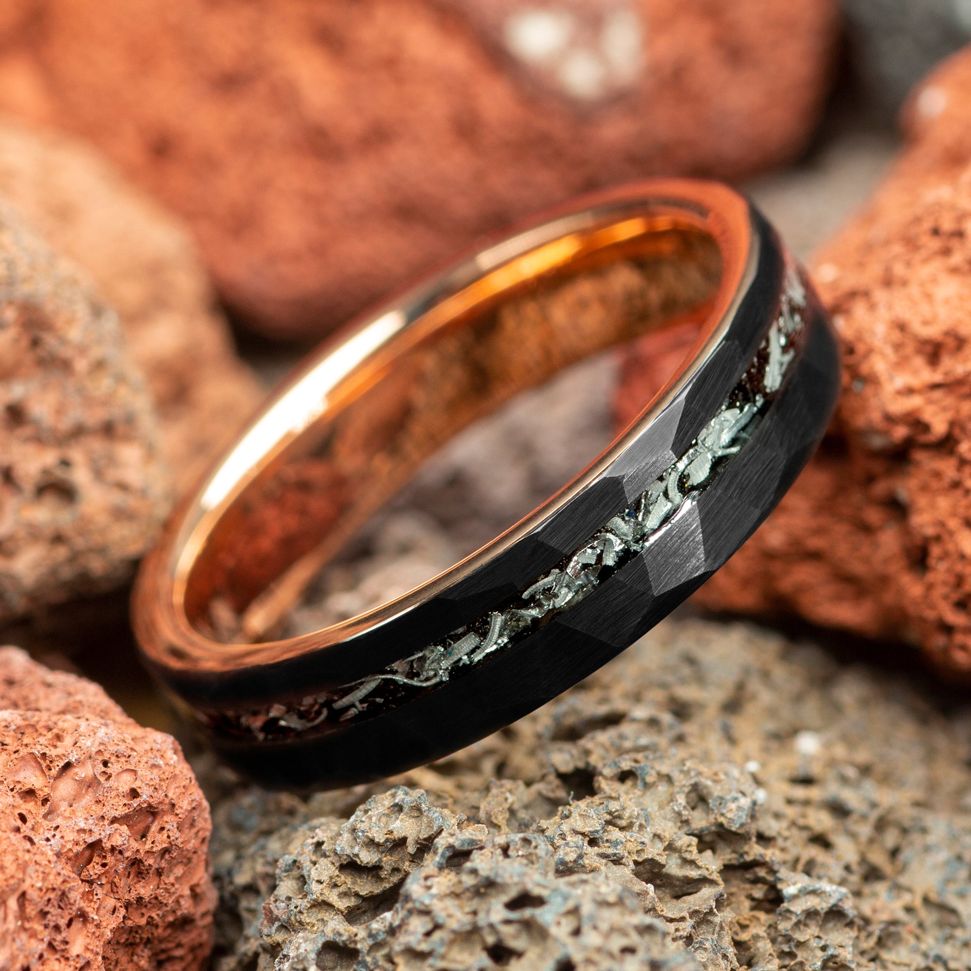 Meteorite Black Hammered Rose Gold Inside Couple Tungsten Wedding Bands Comfort Fit 5mm | 8mm