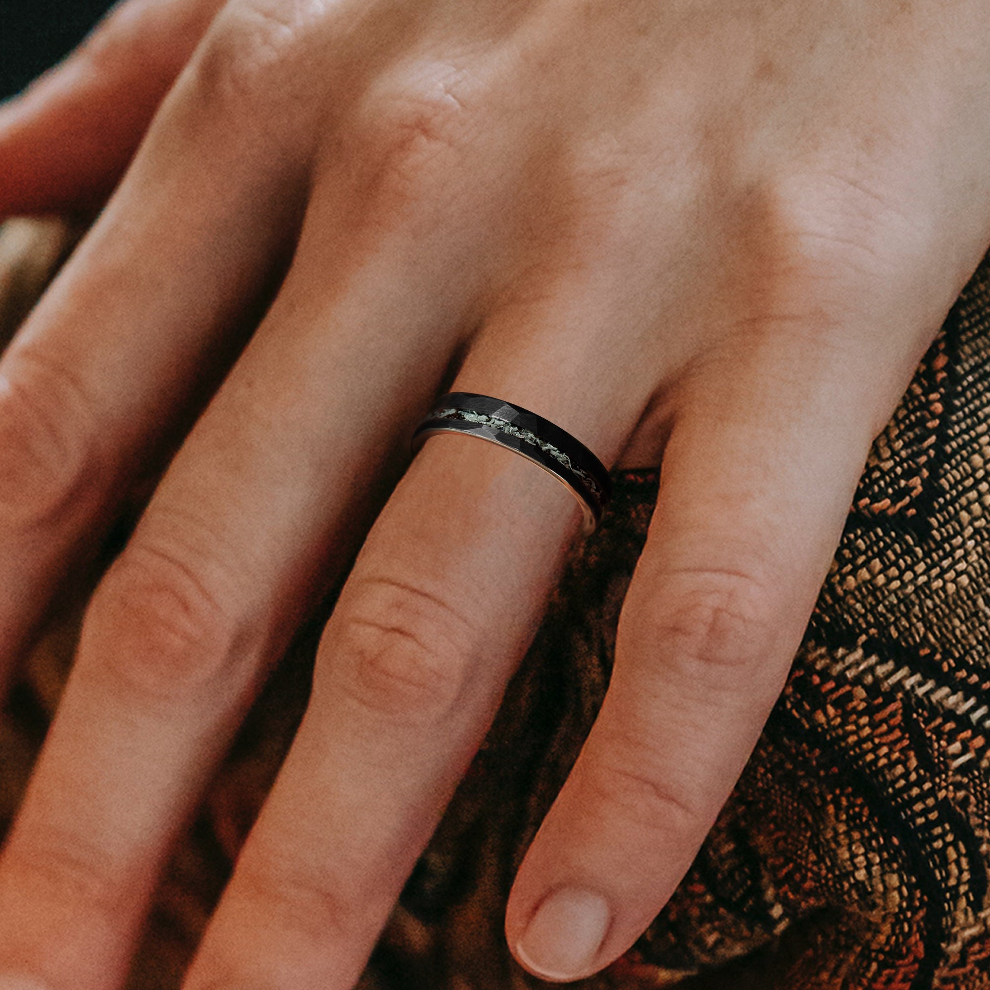 Meteorite Black Hammered Rose Gold Inside Tungsten Women's Ring - 5mm