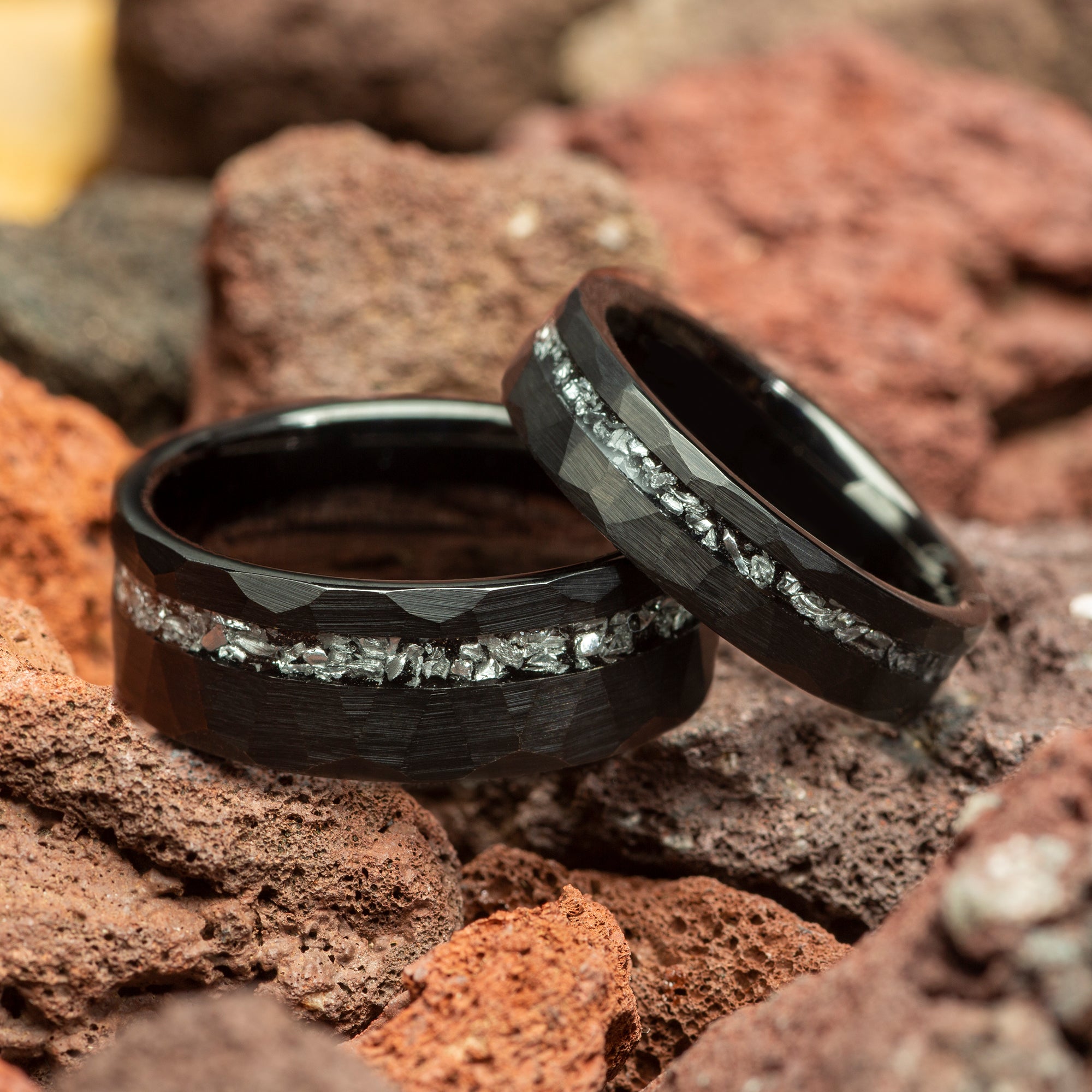 Meteorite Black Hammered Couple Tungsten Wedding Bands Comfort Fit 5mm | 8mm