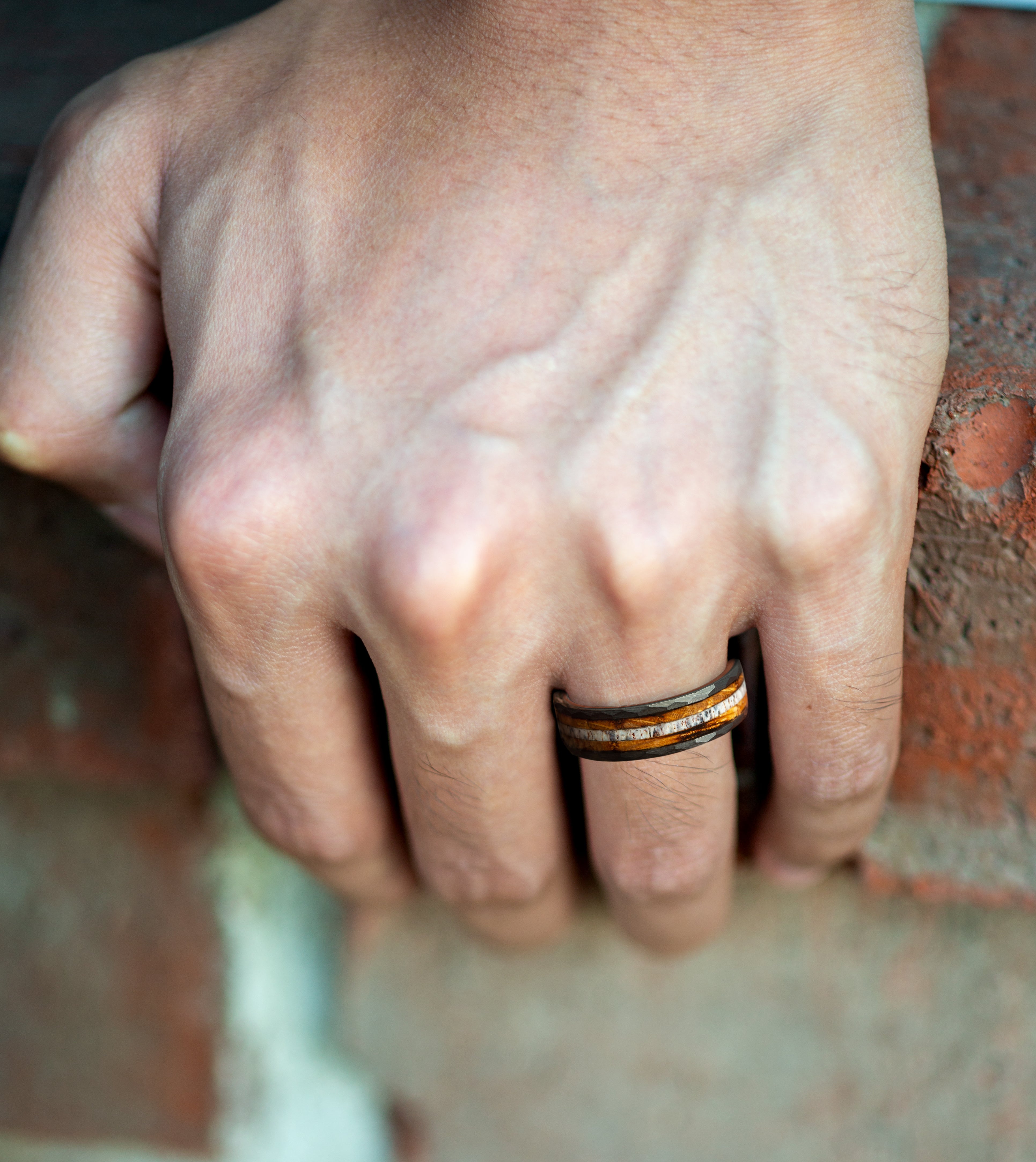 Antler with Charred Whiskey Barrel Wood Black Hammered Men's / Women's Tungsten Ring Comfort Fit - 6mm