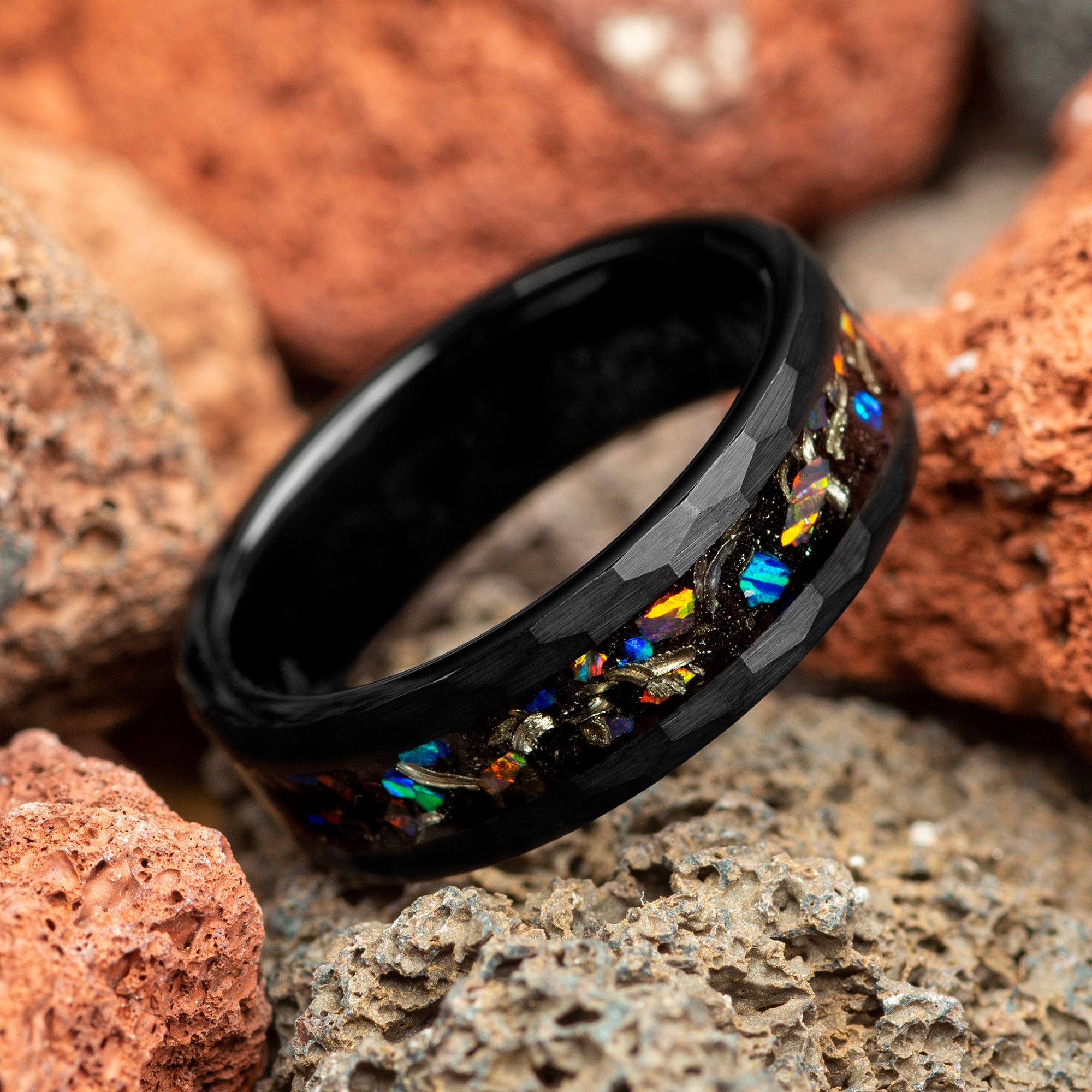 Galaxy Opal & Meteorite Black Hammered Couple Tungsten Wedding Bands Comfort Fit 6mm | 8mm