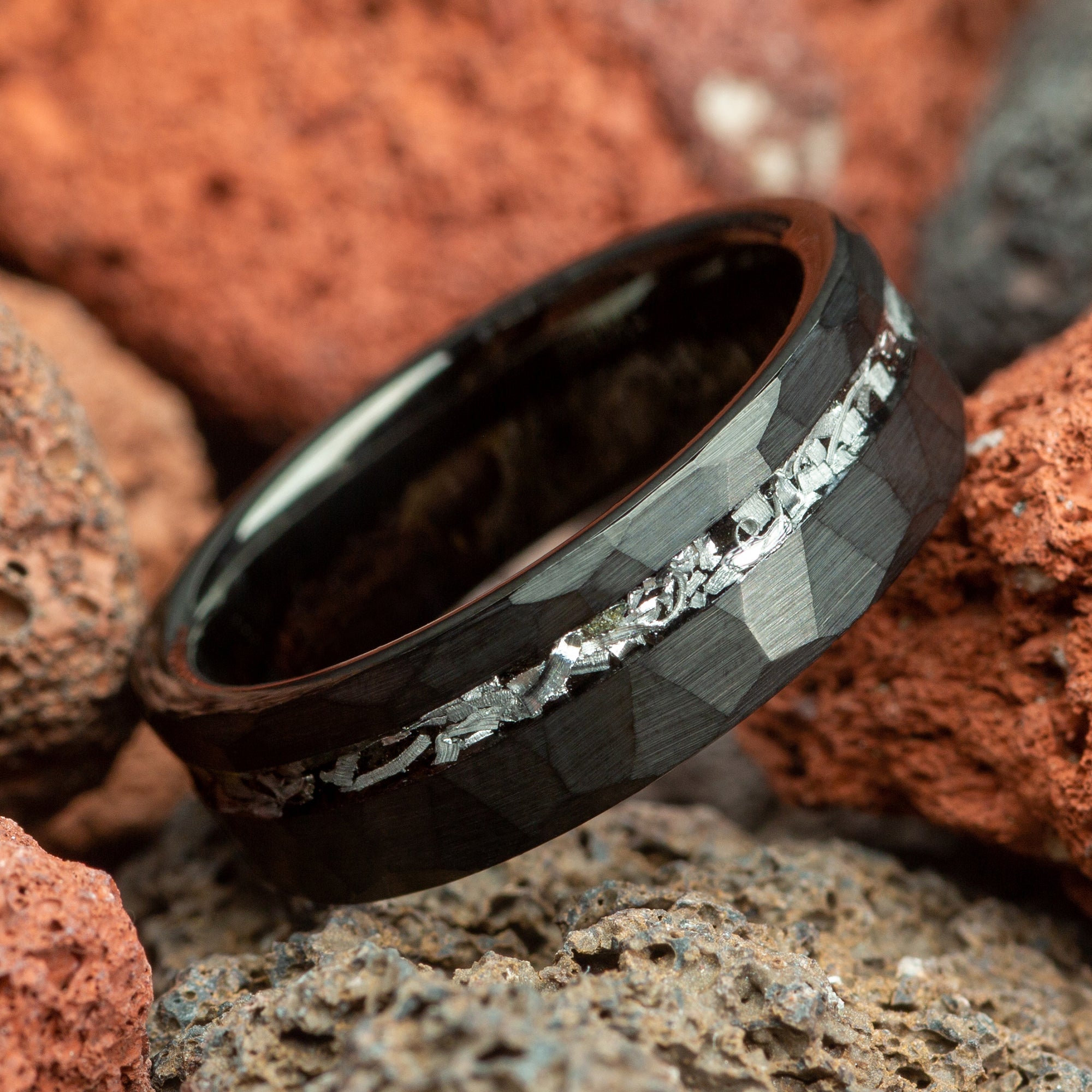 Meteorite Black Hammered Couple Tungsten Wedding Bands Comfort Fit 6mm | 8mm