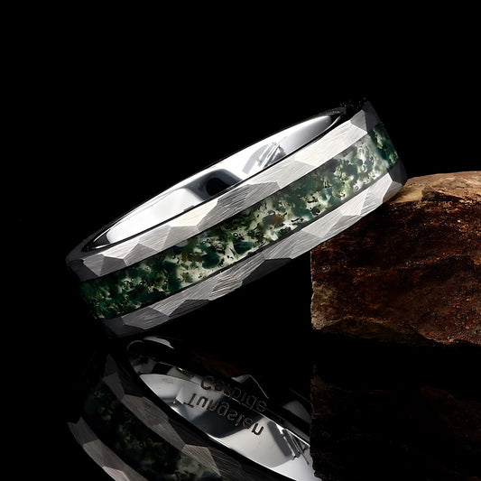 Moss Agate Hammered Silver Men's / Women's Tungsten Wedding Ring - 6mm