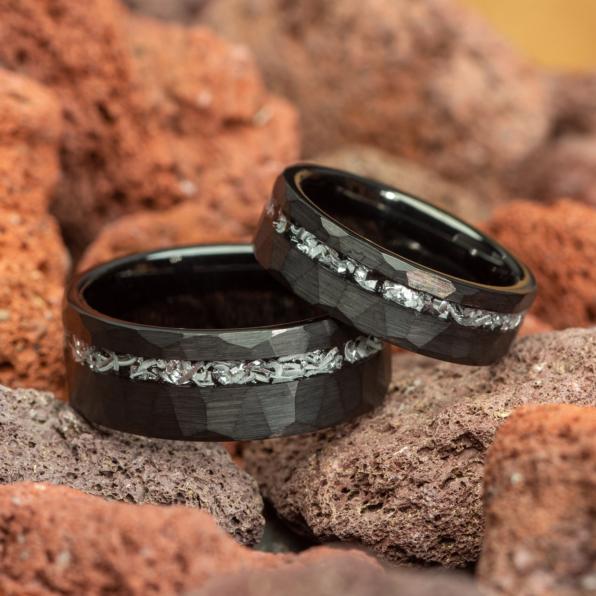 Meteorite Black Hammered Couple Tungsten Wedding Bands Comfort Fit 6mm | 8mm