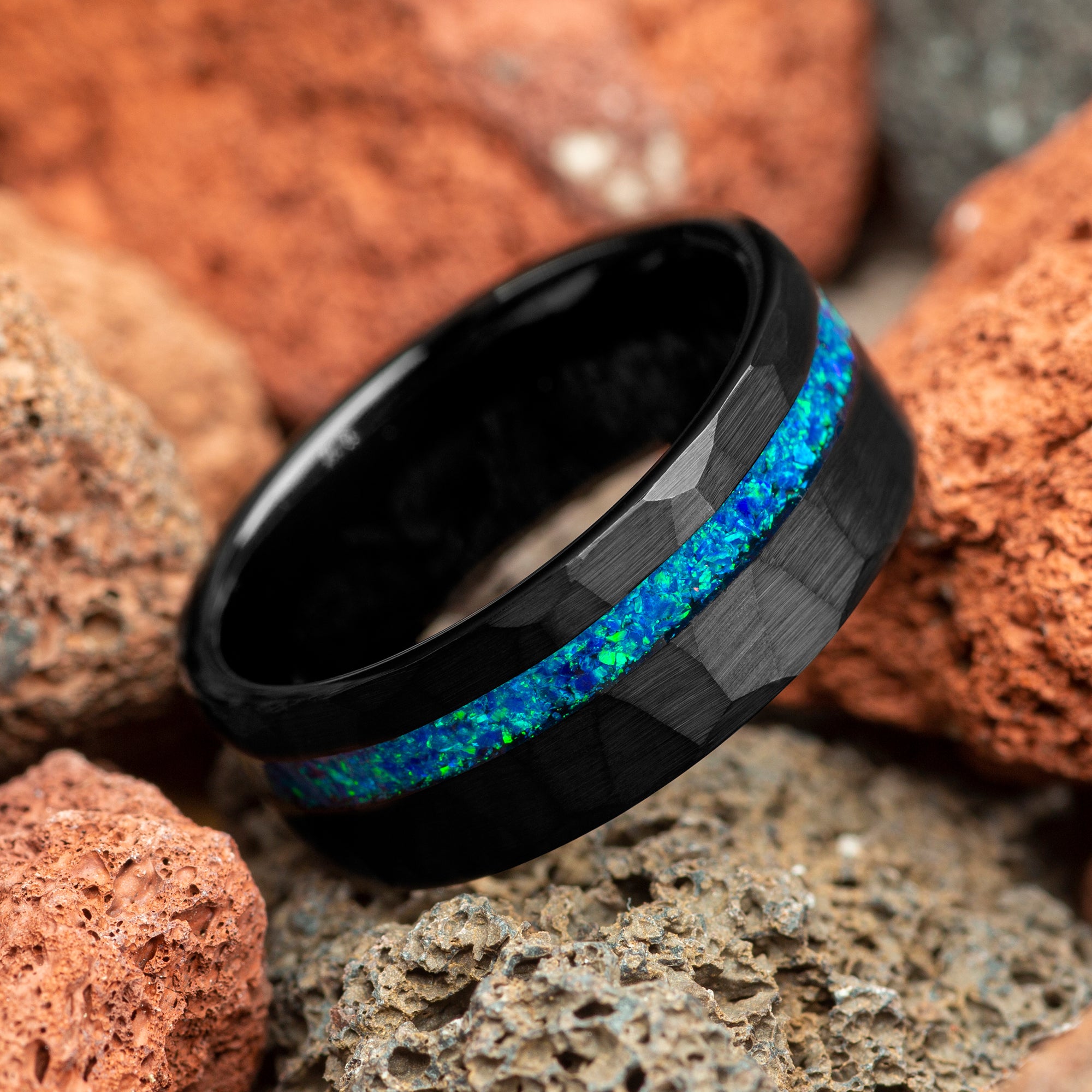 Blue & Green Opal Black Hammered Tungsten Men's Wedding Ring Comfort Fit - 8mm