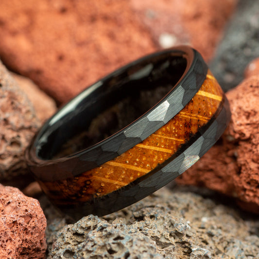 Charred Whiskey Barrel Wood Black Hammered Tungsten Men's Wedding Ring - 8mm