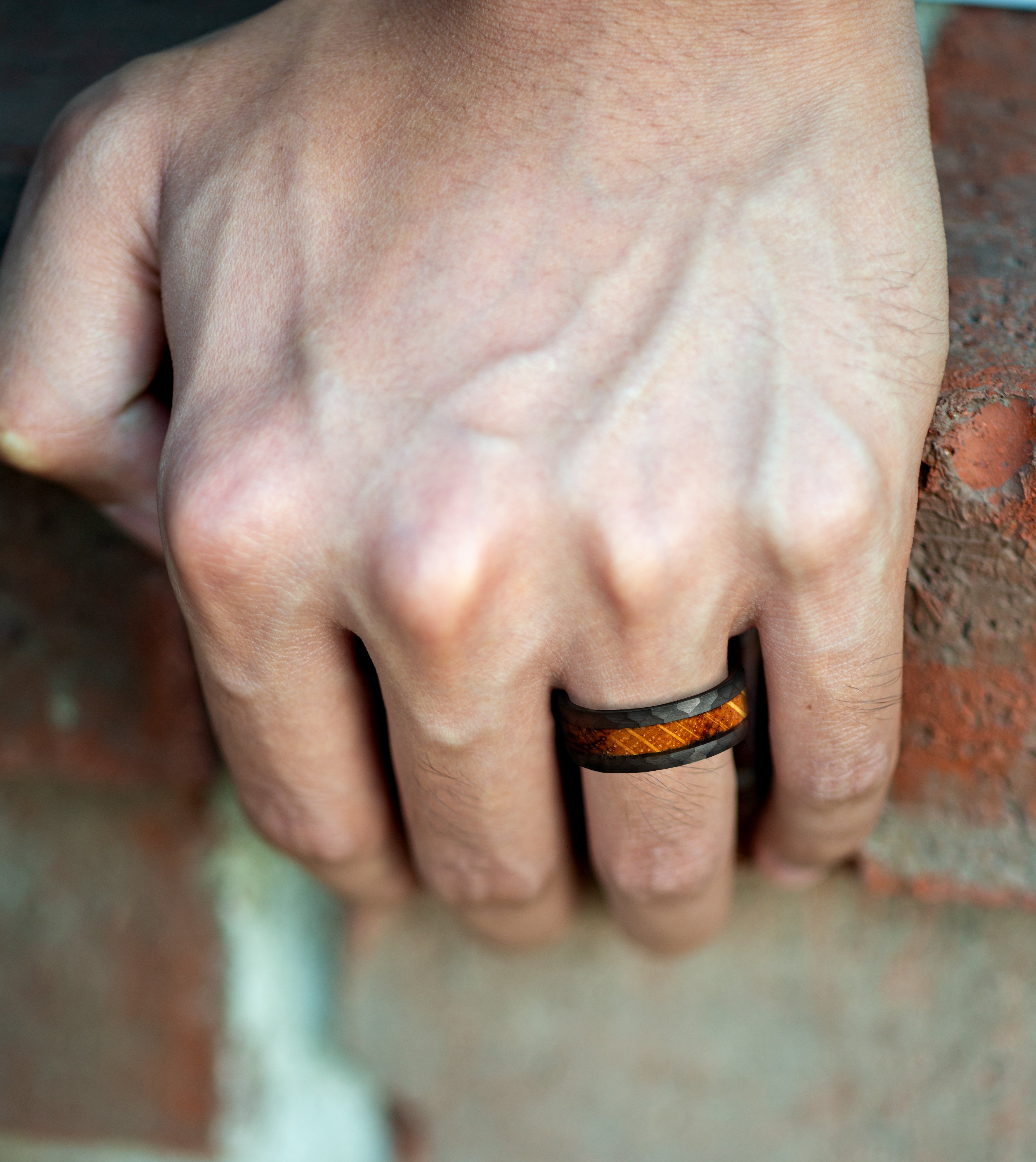 Charred Whiskey Barrel Wood Black Hammered Tungsten Men's Wedding Ring - 8mm