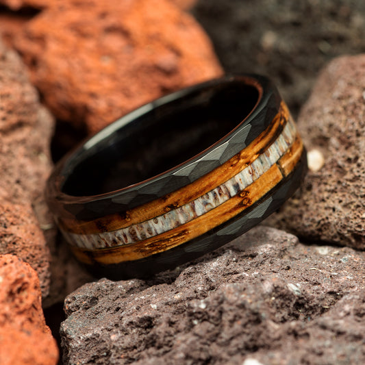 Antler with Charred Whiskey Barrel Wood Black Tungsten Men's Wedding Ring Comfort Fit - 8mm