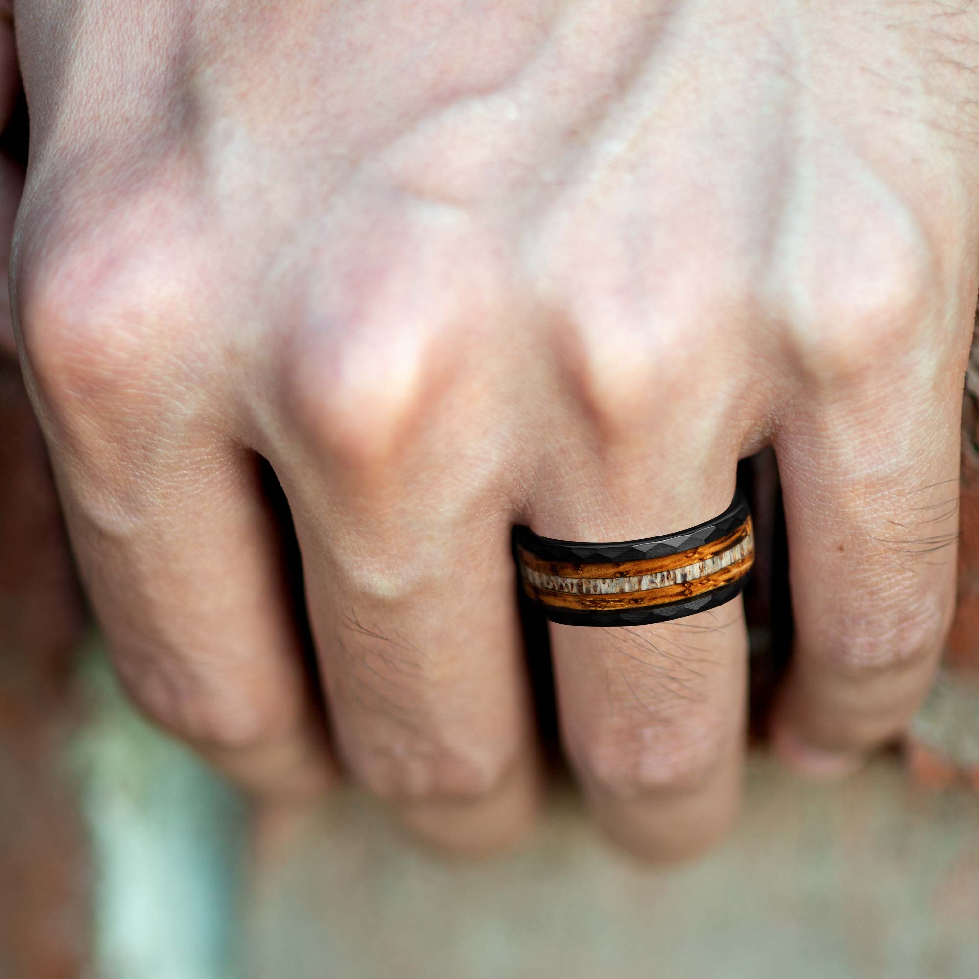 Antler with Charred Whiskey Barrel Wood Black Tungsten Men's Wedding Ring Comfort Fit - 8mm