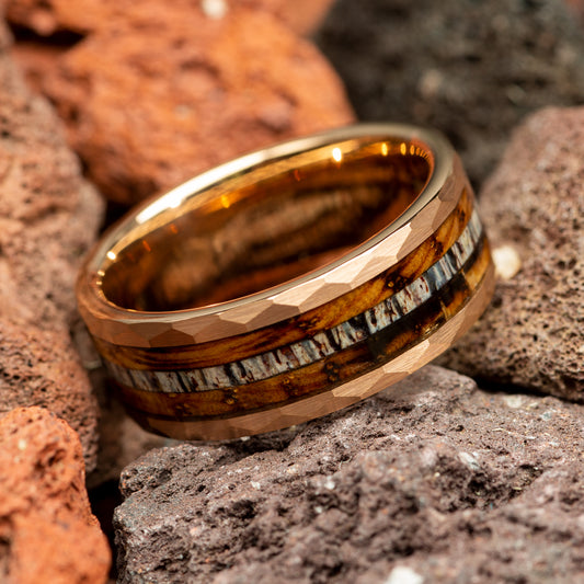 Antler with Charred Whiskey Barrel Wood Rose Gold Tungsten Men's Wedding Ring Comfort Fit - 8mm