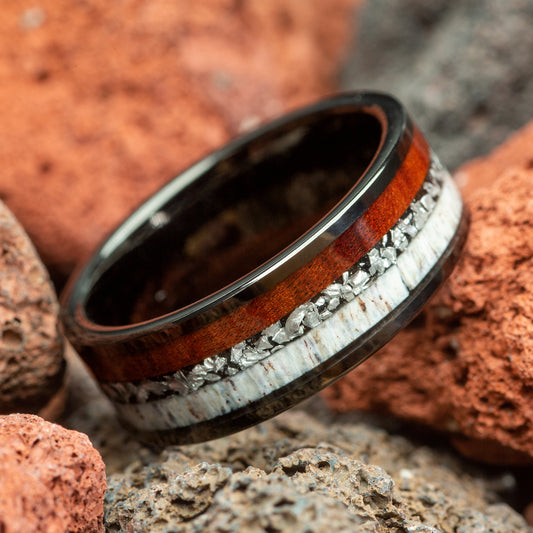 Meteorite, Ironwood & Antler Black Men's Tungsten Ring - 8mm