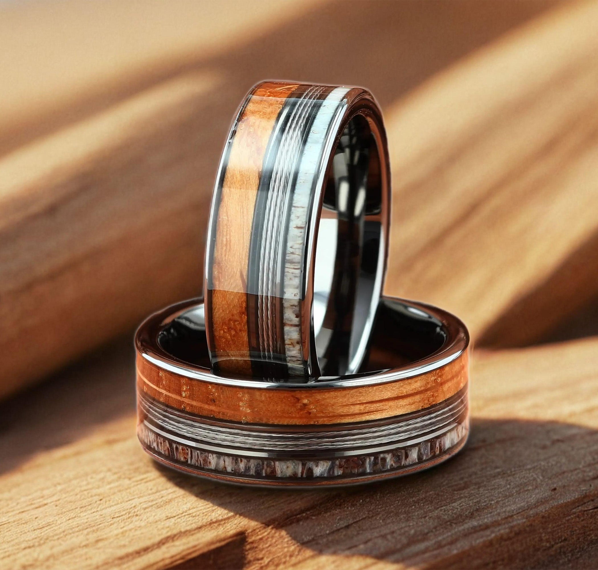 Antler with Whiskey Barrel Wood & Fishing Line Silver Tungsten Men's Wedding Ring Comfort Fit- 8mm