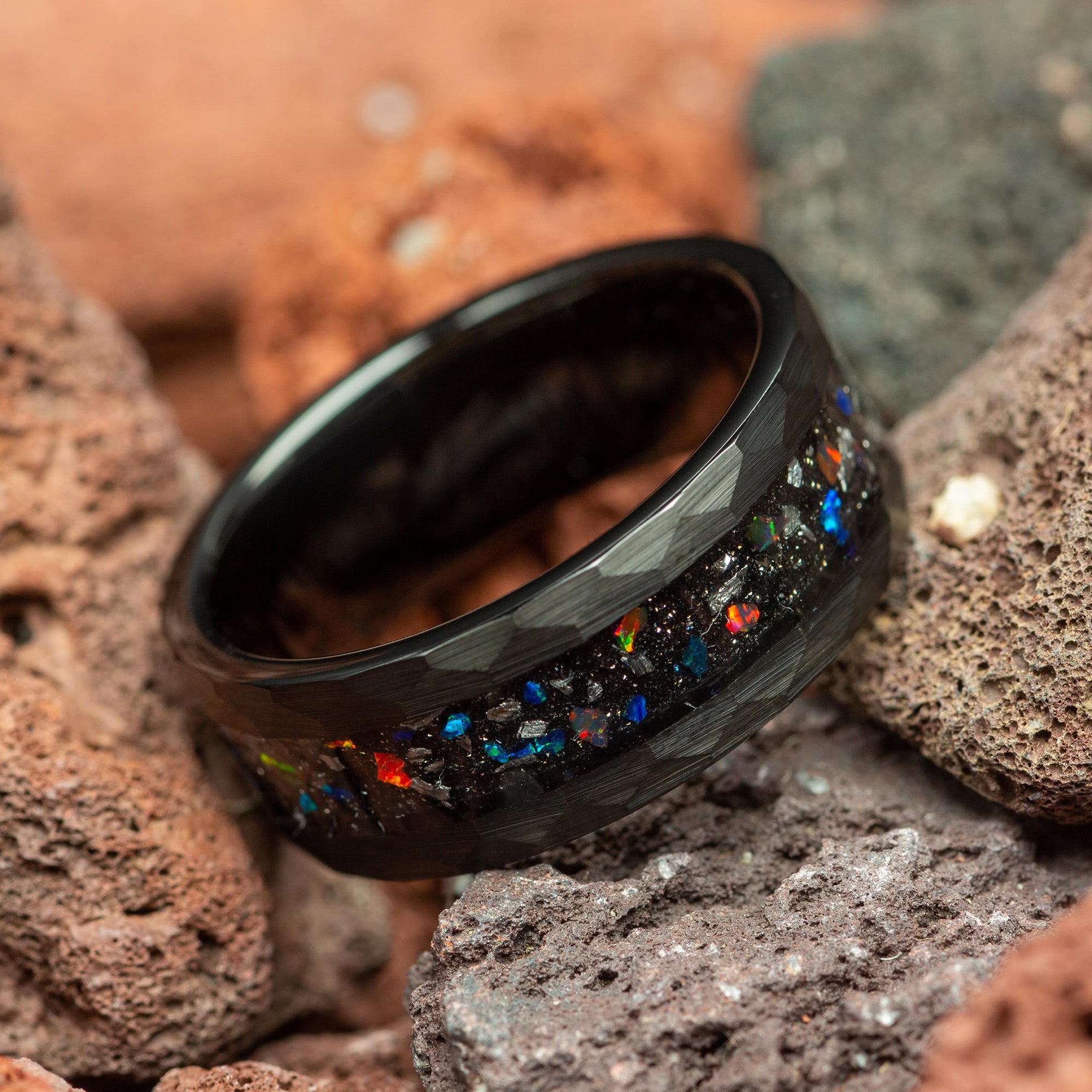 Galaxy Opal & Meteorite Black Hammered Couple Tungsten Wedding Bands Comfort Fit 4mm | 8mm