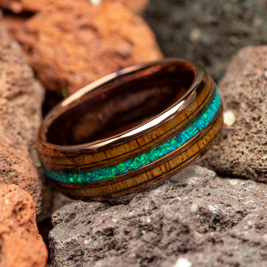 Blue & Green Opal with Hawaiian Koa Wood Coffee Tungsten Men's Wedding Ring Comfort Fit - 8mm