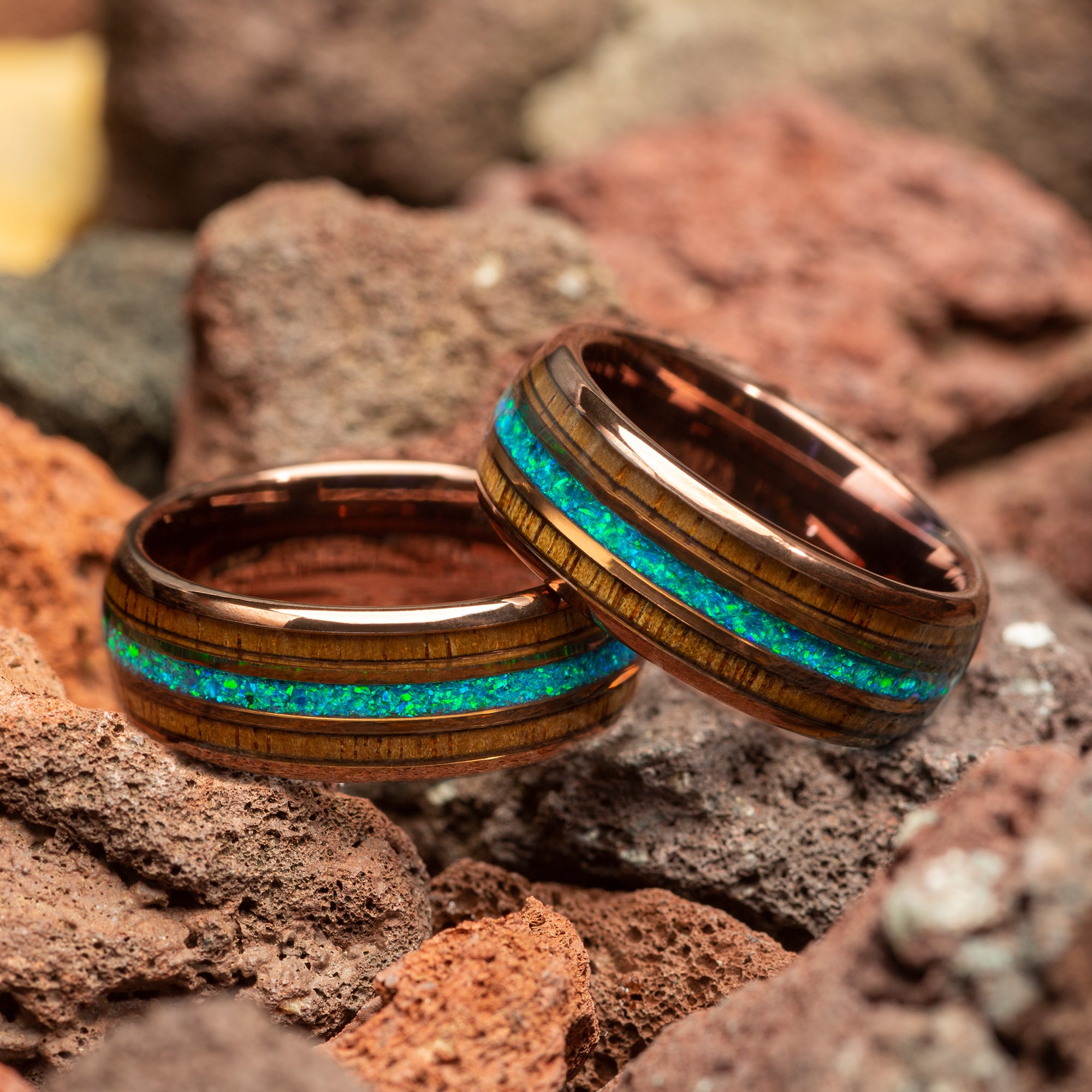 Blue & Green Opal with Hawaiian Koa Wood Coffee Tungsten Men's Wedding Ring Comfort Fit - 8mm