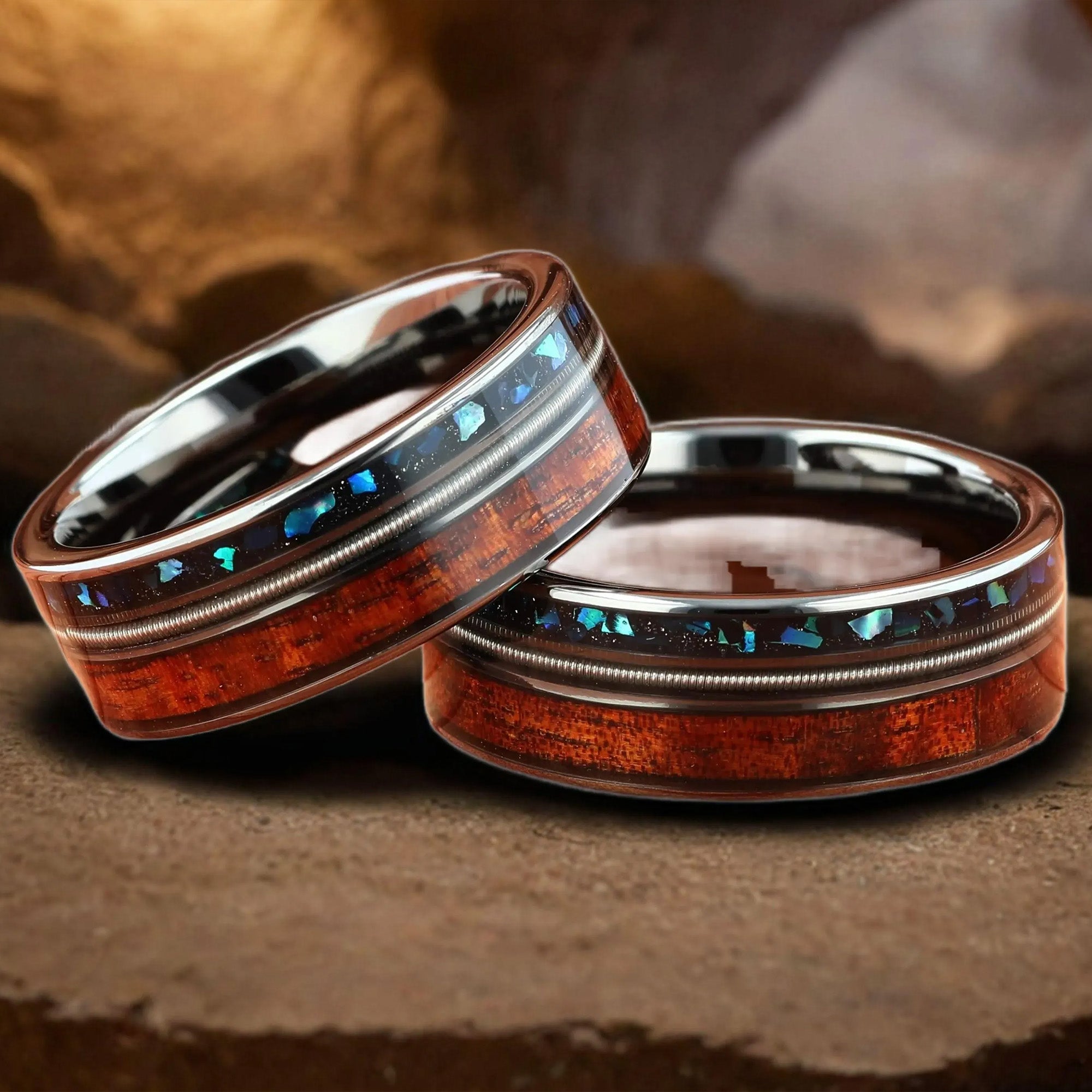 Guitar String & Abalone with Whiskey Barrel Wood Silver Tungsten Men's Wedding Ring Comfort Fit - 8mm