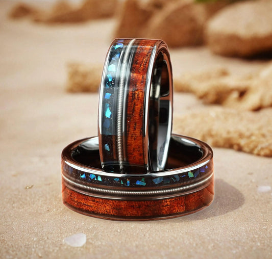 Guitar String & Abalone with Whiskey Barrel Wood Silver Tungsten Men's Wedding Ring Comfort Fit - 8mm