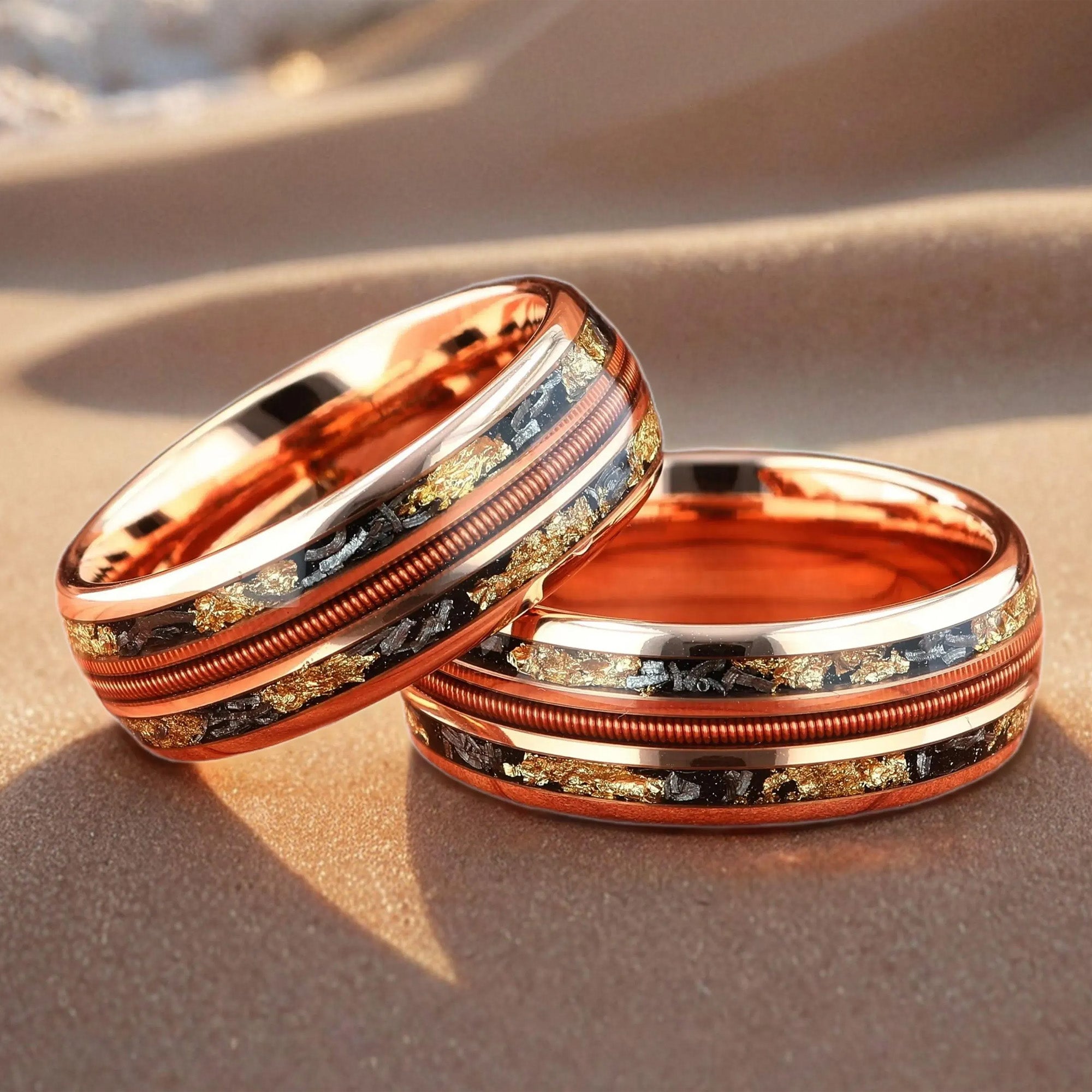 Guitar String with Meteorite & Gold Leaf Rose Gold Tungsten Men's Wedding Ring Comfort Fit - 8mm