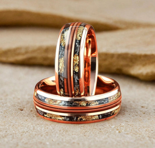 Guitar String with Meteorite & Gold Leaf Rose Gold Tungsten Men's Wedding Ring Comfort Fit - 8mm