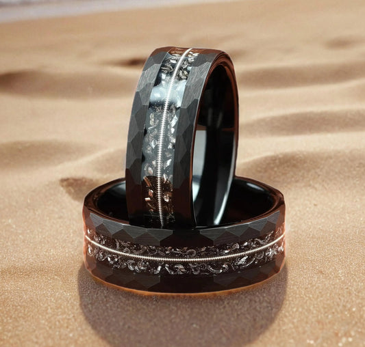 Guitar String with Meteorite Black Hammered Men's Tungsten Wedding Ring Comfort Fit - 8mm