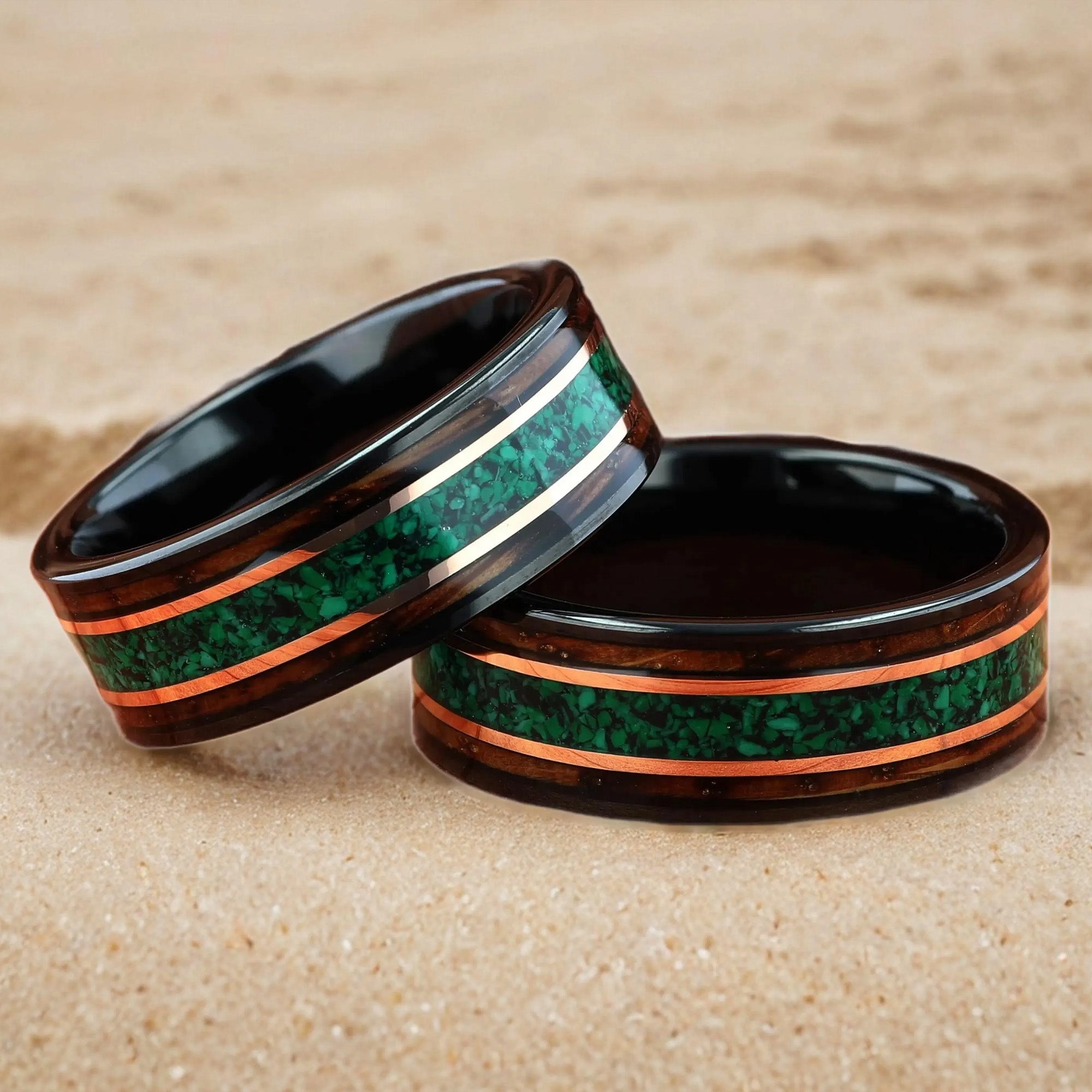 Malachite with Hawaiian Koa Wood Black Tungsten Men's Wedding Ring Comfort Fit - 8mm