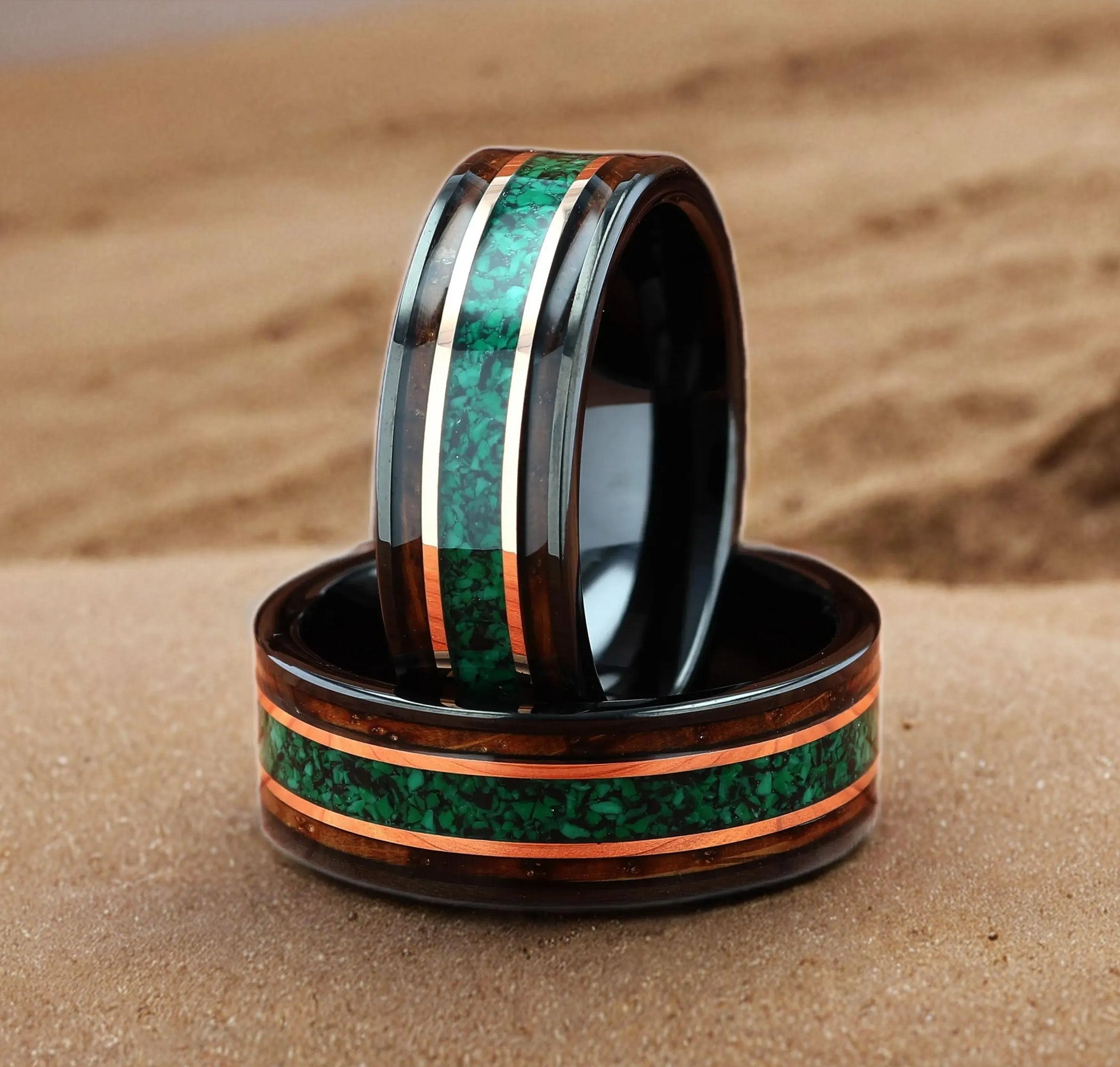 Malachite with Hawaiian Koa Wood Black Tungsten Men's Wedding Ring Comfort Fit - 8mm