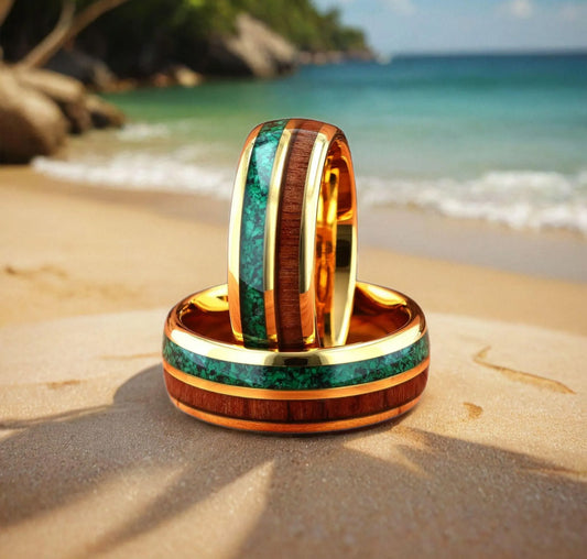 Malachite with Hawaiian Koa Wood Gold Tungsten Men's Wedding Ring Comfort Fit - 8mm