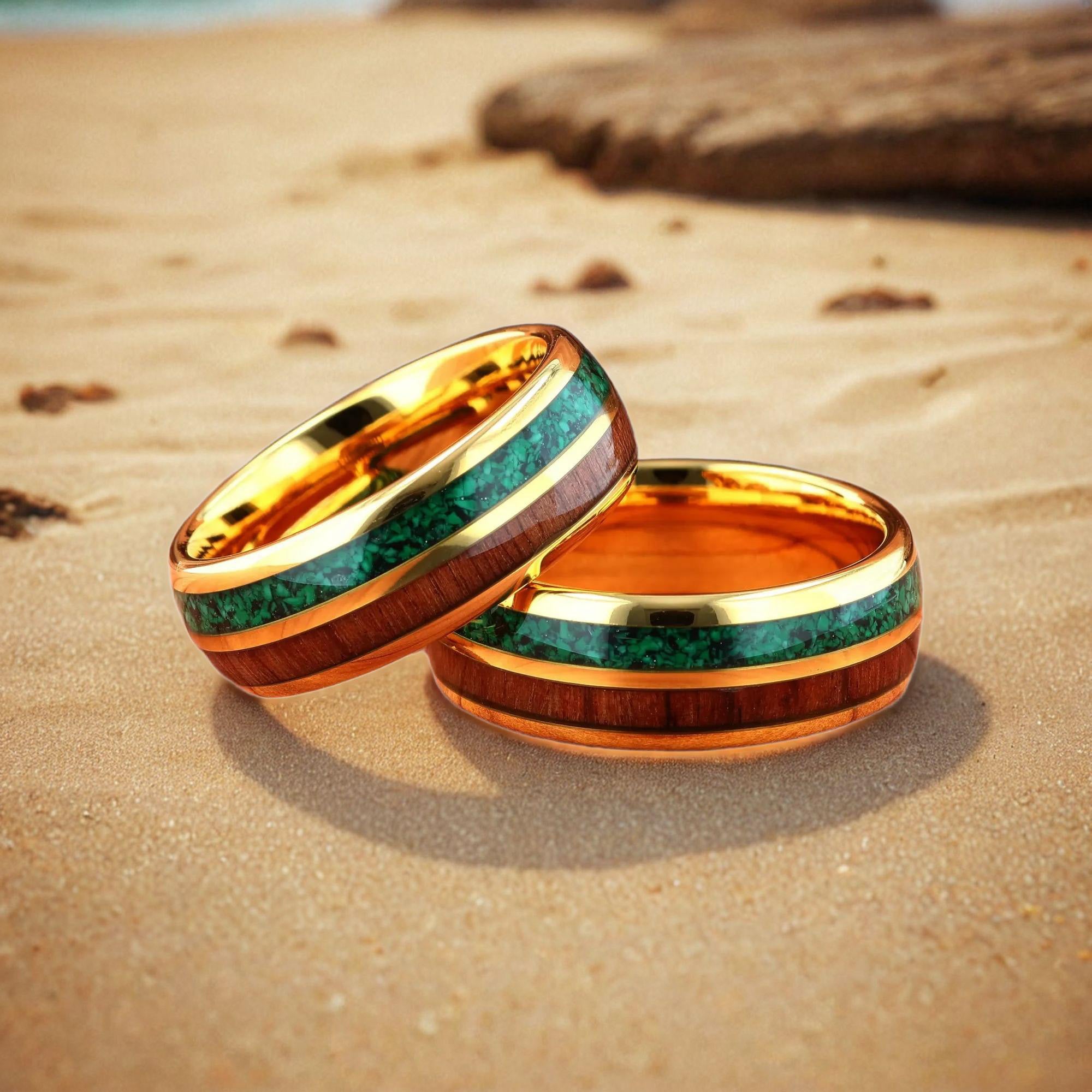 Malachite with Hawaiian Koa Wood Gold Tungsten Men's Wedding Ring