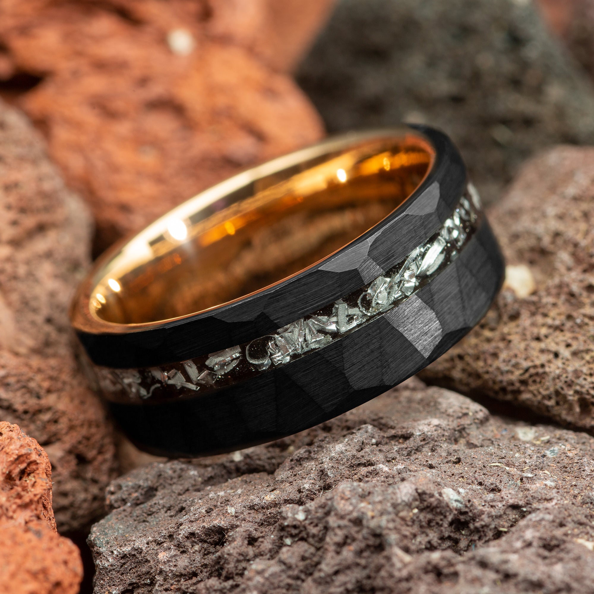 Meteorite Black Hammered Rose Gold Inside Couple Tungsten Wedding Bands Comfort Fit 5mm | 8mm