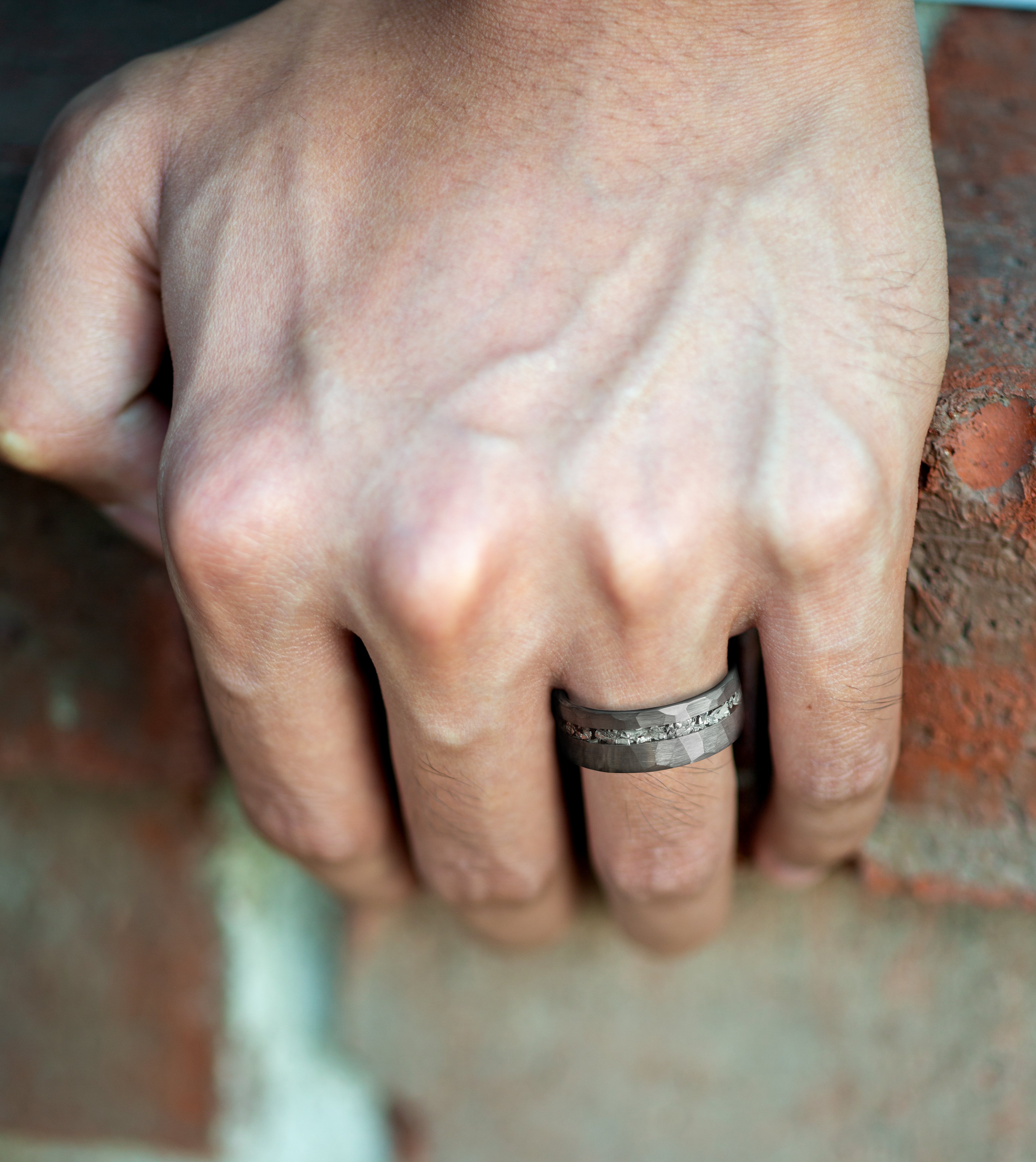 Meteorite Men's Silver Hammered Tungsten Ring - 8mm