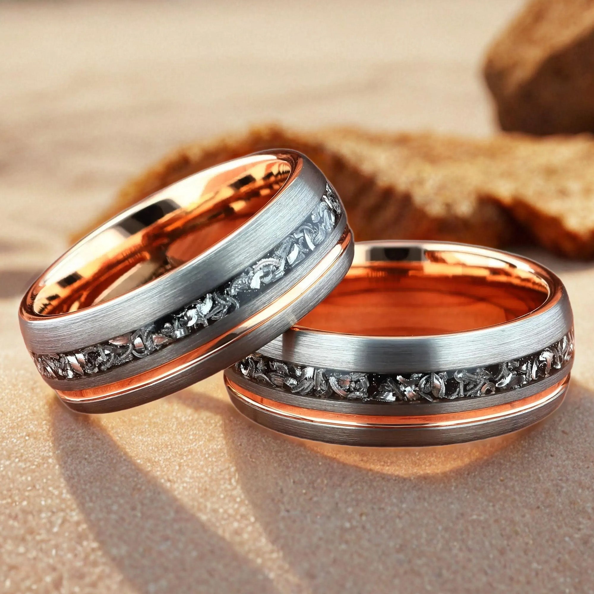 Meteorite & Thin Line Silver Brushed Rose Gold Tungsten Men's Wedding Ring Comfort Fit - 8mm