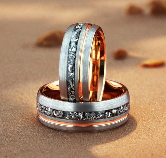 Meteorite & Thin Line Silver Brushed Rose Gold Tungsten Men's Wedding Ring Comfort Fit - 8mm