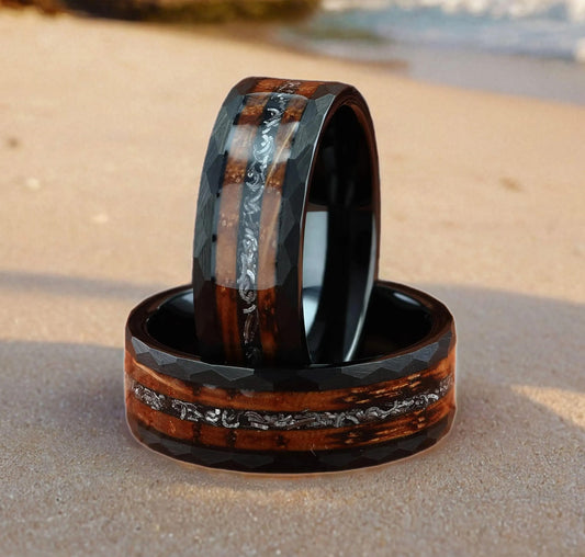 Meteorite with Charred Whiskey Barrel Wood Black Hammered Tungsten Men's Wedding Ring Comfort Fit - 8mm