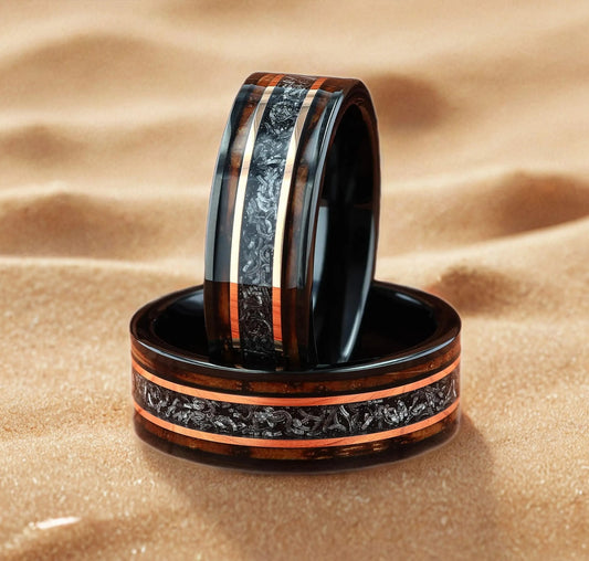 Meteorite with Charred Whiskey Barrel Wood Black Tungsten Men's Wedding Ring Comfort Fit - 8mm