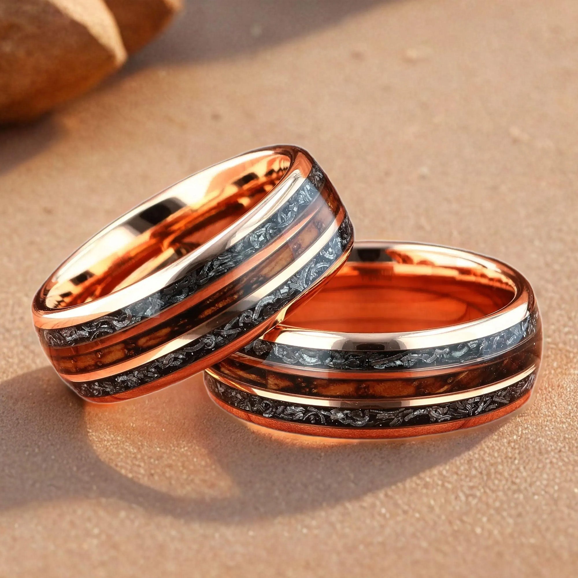 Meteorite with Charred Whiskey Barrel Wood Rose Gold Tungsten Men's Wedding Ring Comfort Fit - 8mm