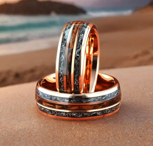 Meteorite with Charred Whiskey Barrel Wood Rose Gold Tungsten Men's Wedding Ring Comfort Fit - 8mm