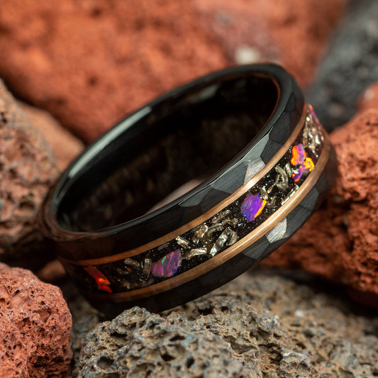 Meteorite & Chunk Galaxy Opal with Rose Gold Strips Hammered Black Men's Tungsten Ring - 8mm