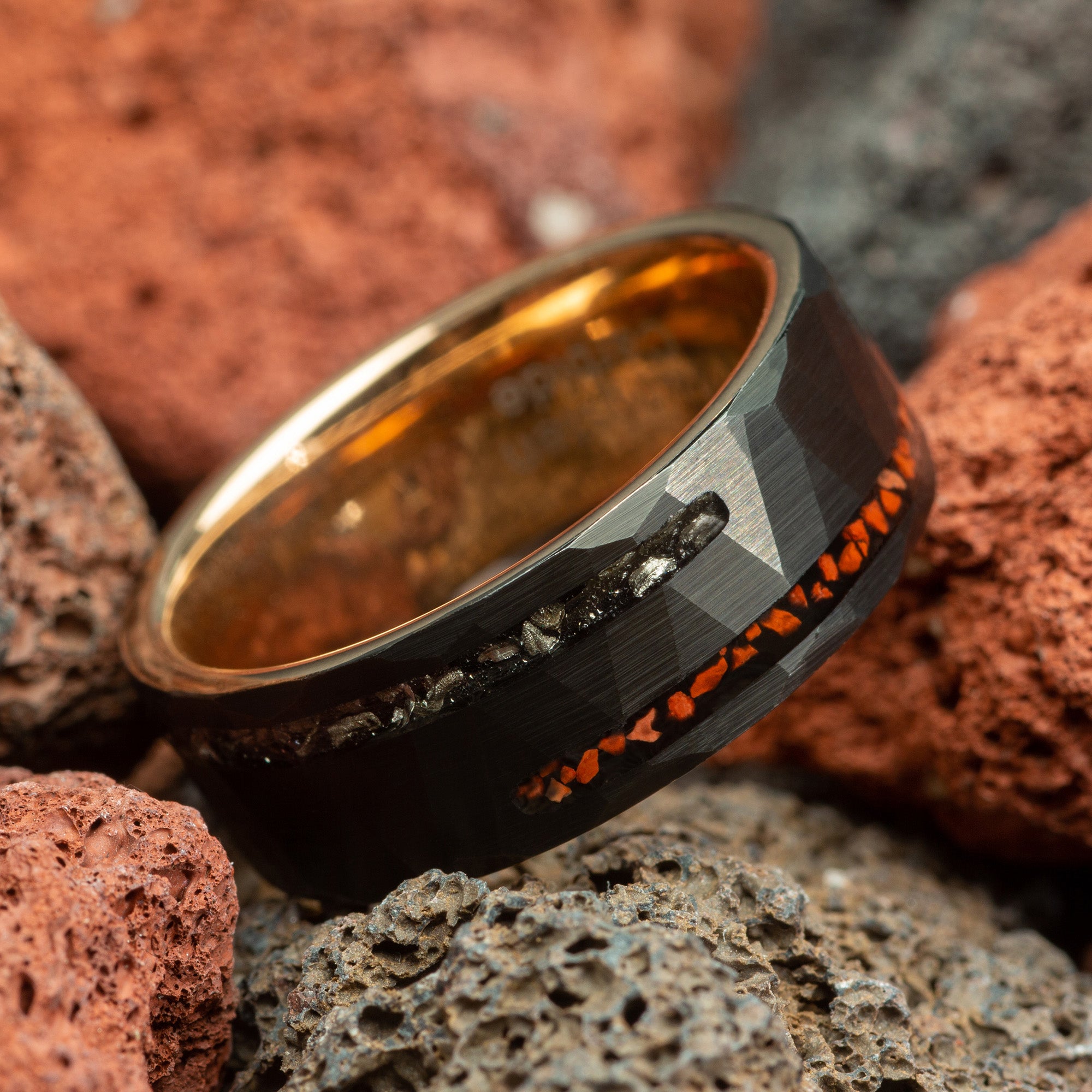 Dinosaur Bone & Meteorite Black Hammered Rose Gold Tungsten Men's Wedding Ring Comfort Fit - 8mm